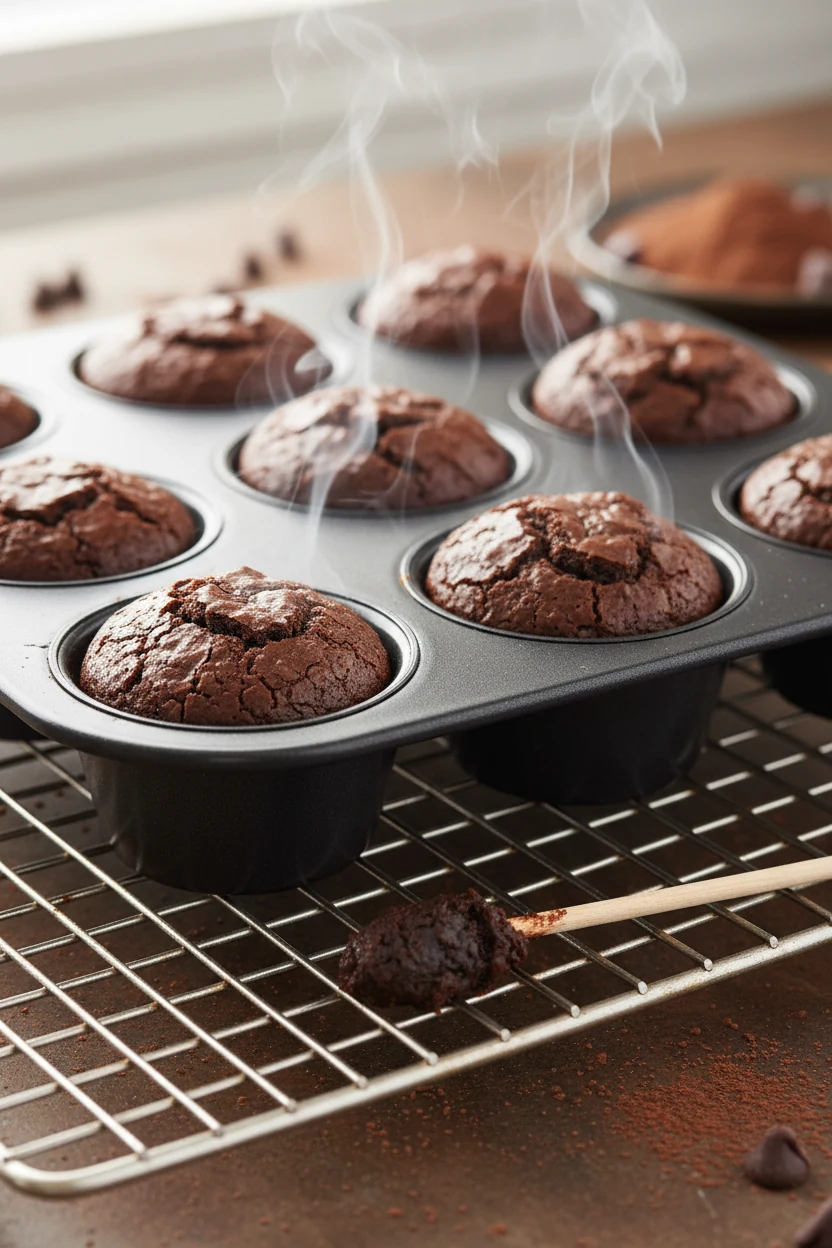 Cooking process: mini muffin tin of brownie bites just out of the oven on a cooling rack, tops just set with a toothpick
