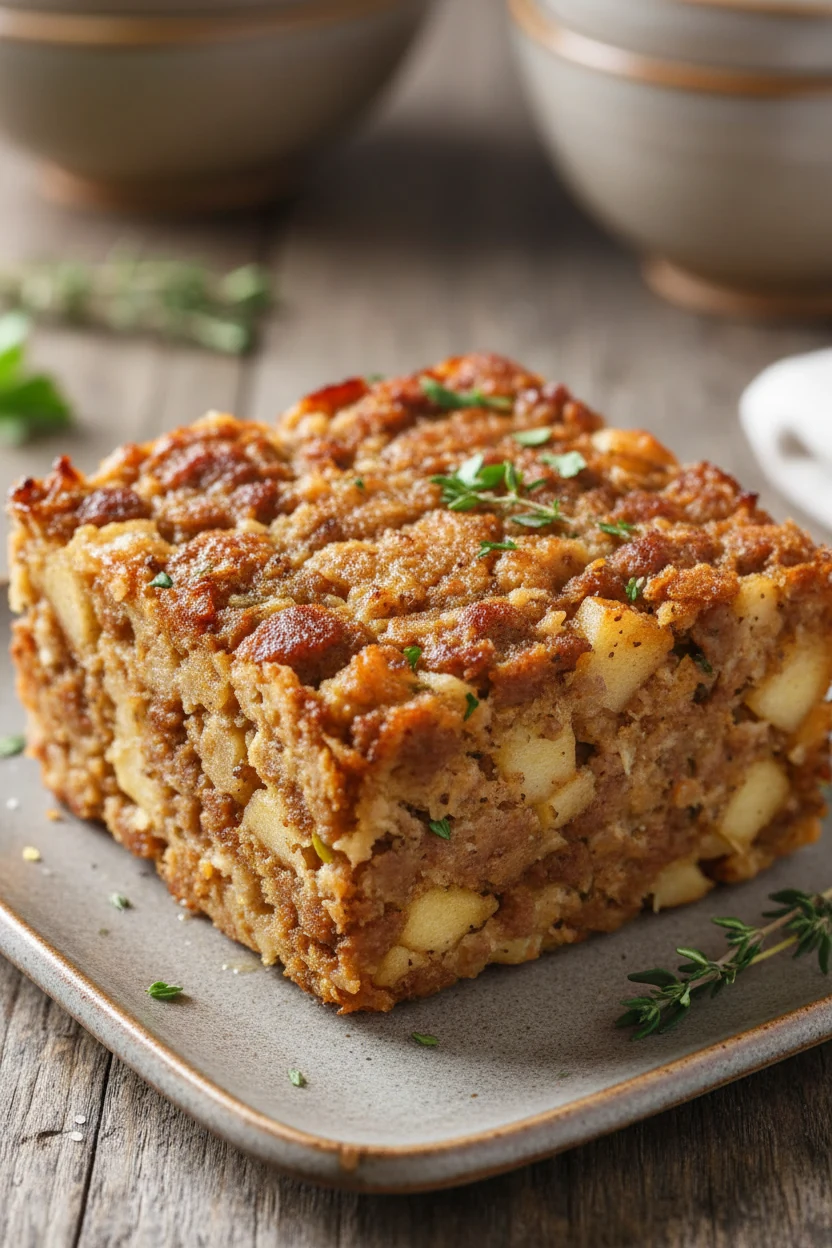 Final dish: sausage & apple stuffing plated as a neat square on matte stoneware; crisp browned edges, visible sausage an