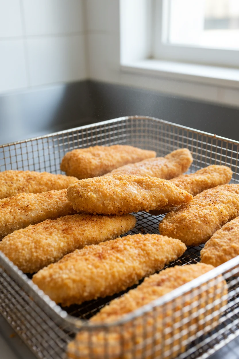 Air fryer process shot: golden panko-crusted chicken tenderloins mid-cook in basket, crispy cornstarch crumb with paprik