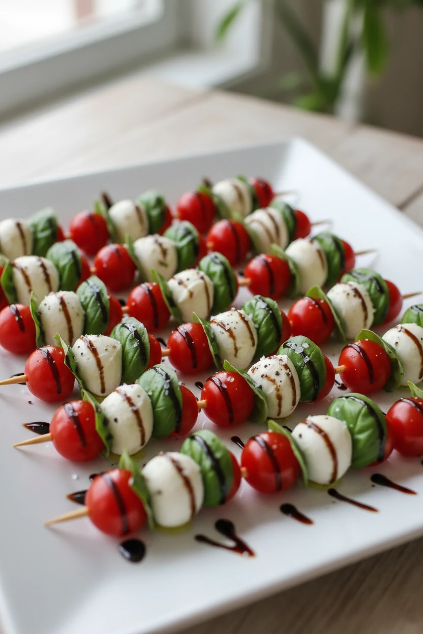 Beautifully plated Caprese Skewers 2.0: neat rows of cherry tomato–mozzarella–basil skewers on a white platter, glossy o
