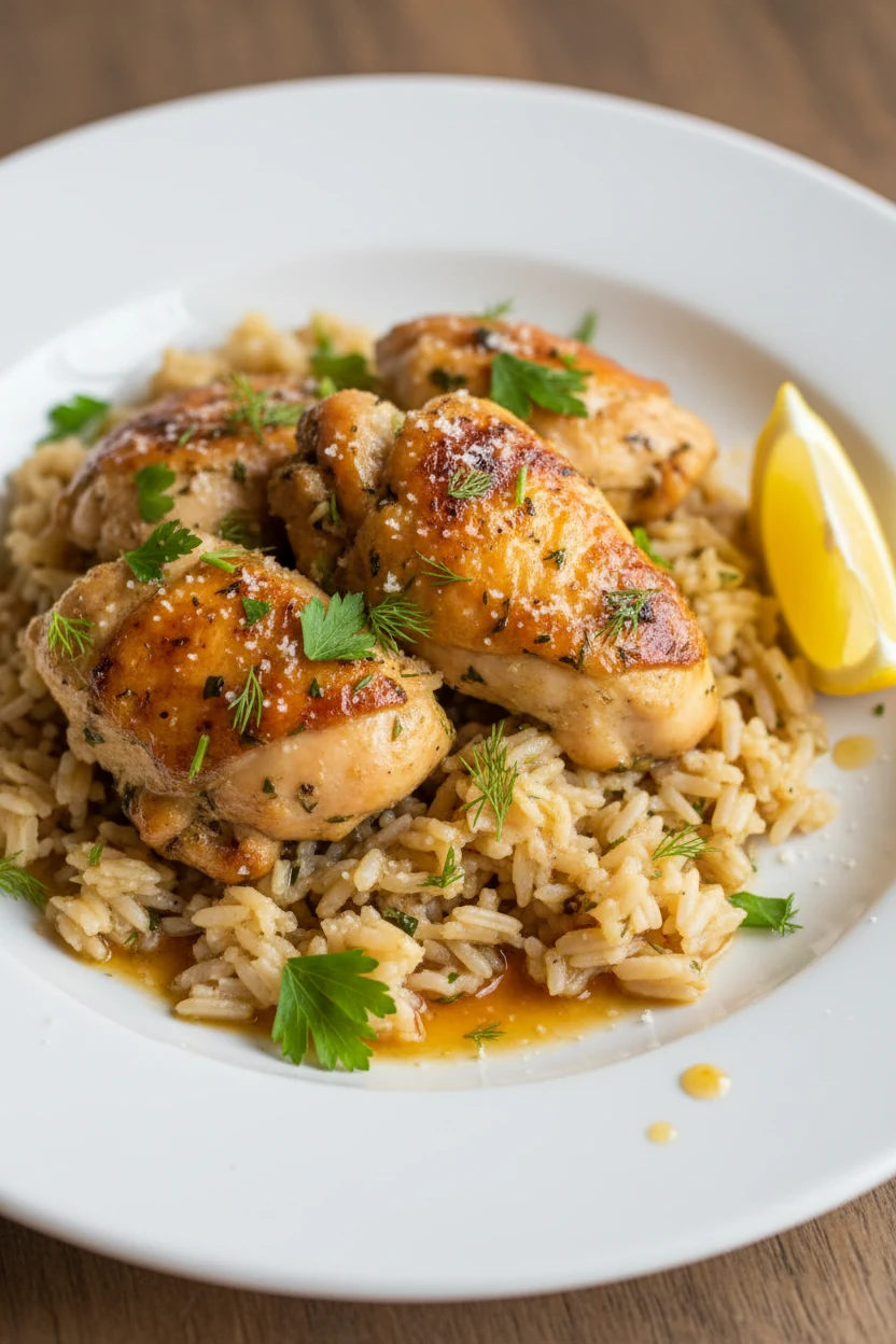 Beautifully plated One-Pan Lemon Herb Chicken and Rice on a white plate, drizzled with pan juices, finished with fresh d