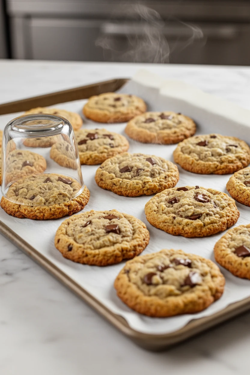 3. Cooking process: oatmeal-chocolate cookies just out of a 350°F oven on parchment, a round glass placed around one to 