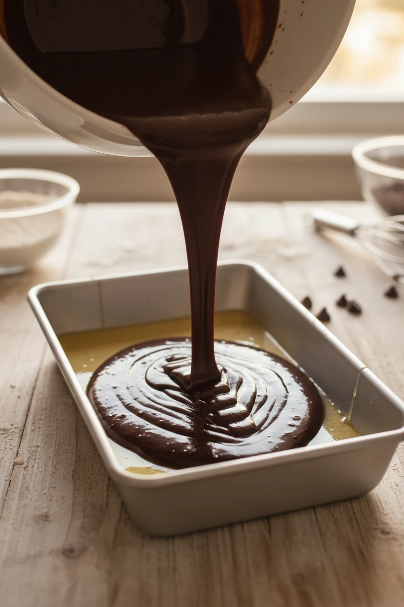 Step-by-step cooking process image showing rich cocoa batter being poured into a greased baking pan, smooth glossy textu