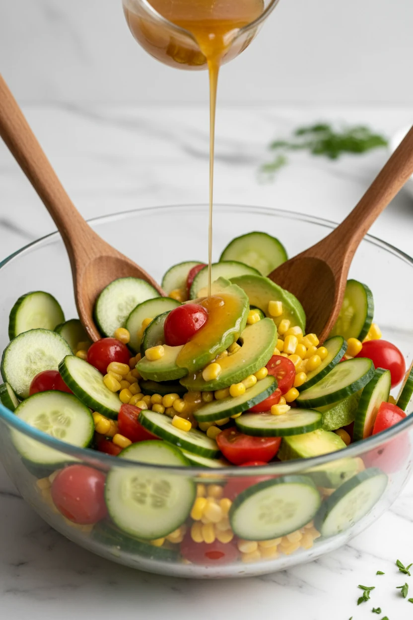 Cooking process shot of the prepared vegetables in a large mixing bowl just after the dressing has been poured, showing 