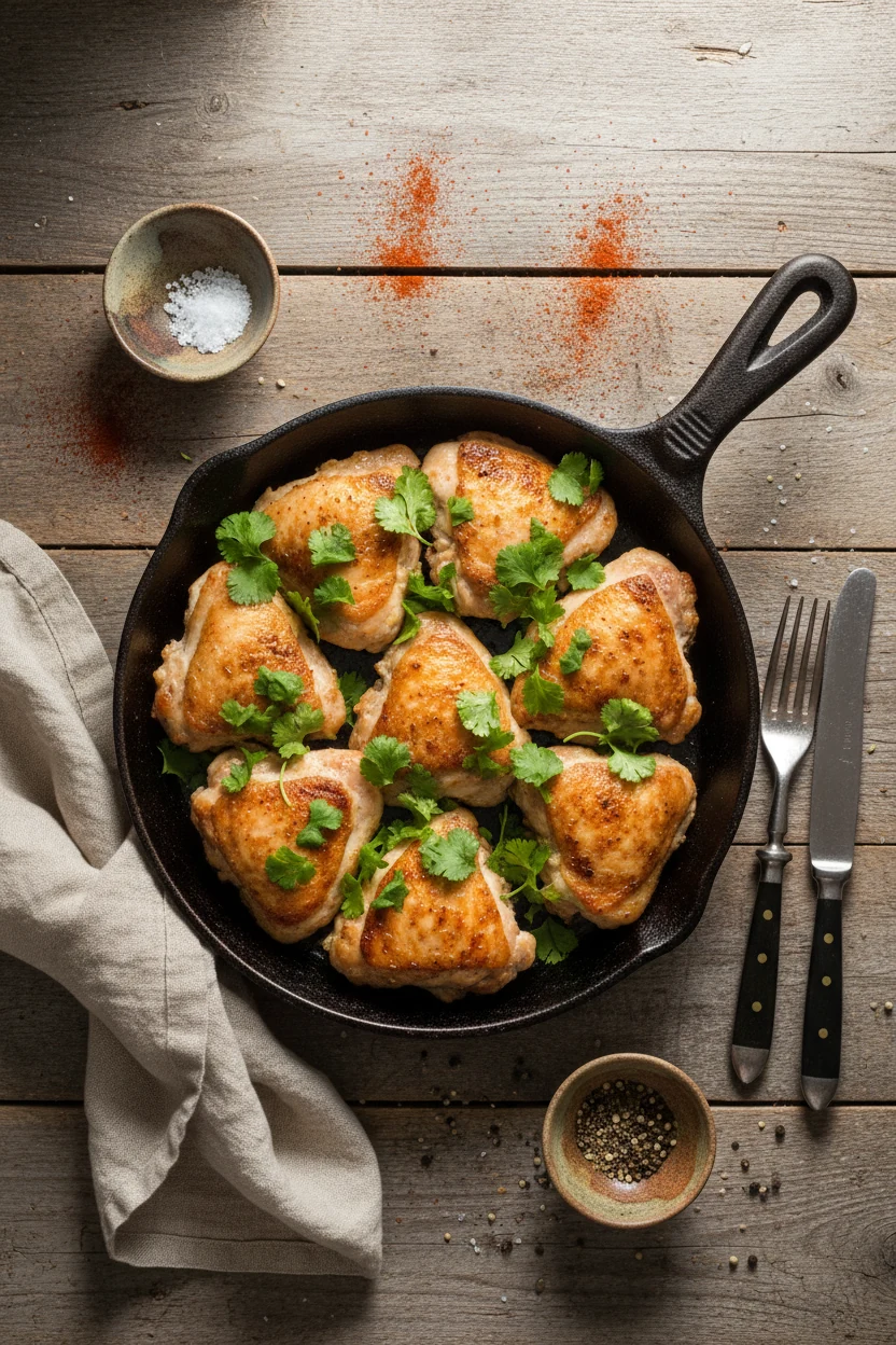 Overhead shot of a rustic wooden table setting featuring boneless skinless chicken thighs arranged in a cast-iron skille