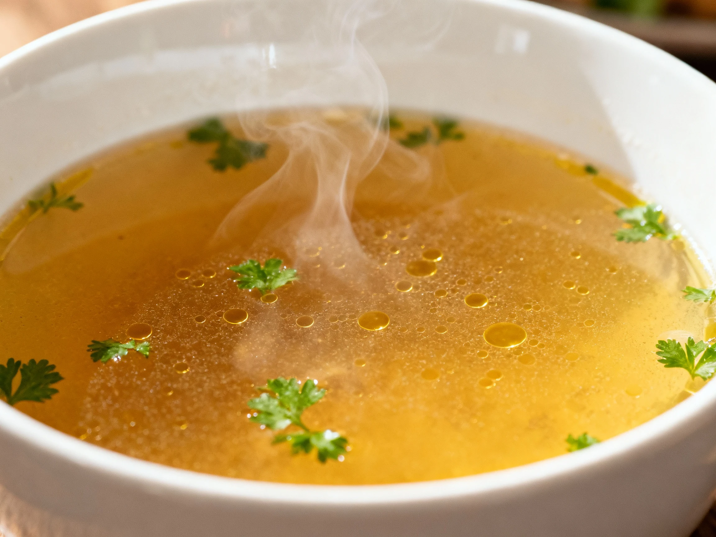 Food photography, 1. Close-up of steaming golden chicken broth in a white ceramic bowl, with tiny oil droplets shimmerin