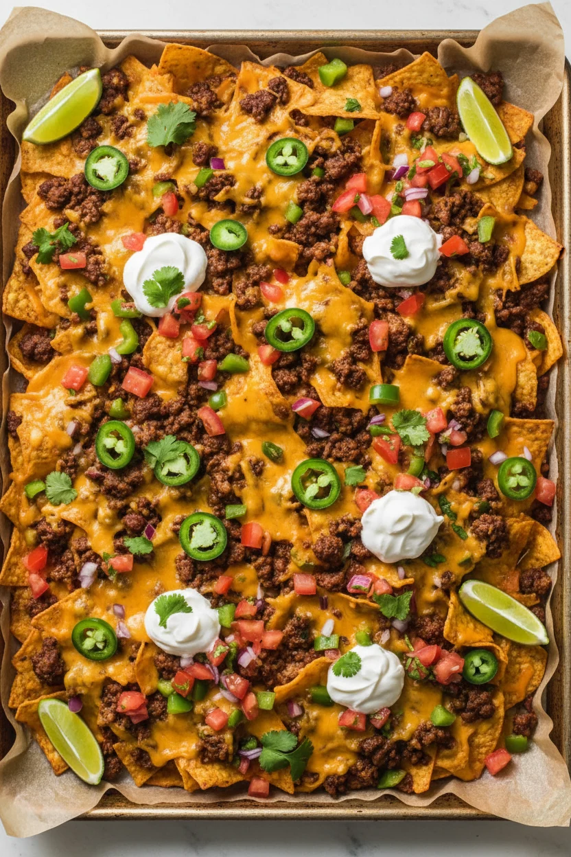 Overhead sheet-pan loaded nachos: tortilla chips blanketed with savory beef, melted cheese, jalapeños, pico de gallo, so