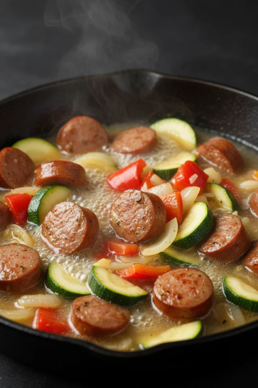 Mid-action shot of kielbasa and vegetables simmering in chicken broth inside a wide skillet, steam gently rising, glossy