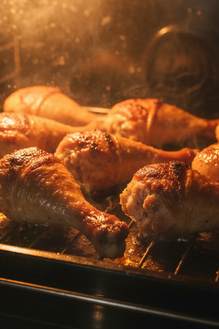 Chicken drumsticks sizzling under the broiler for the final crisp, skin bubbling and caramelized, photographed through t