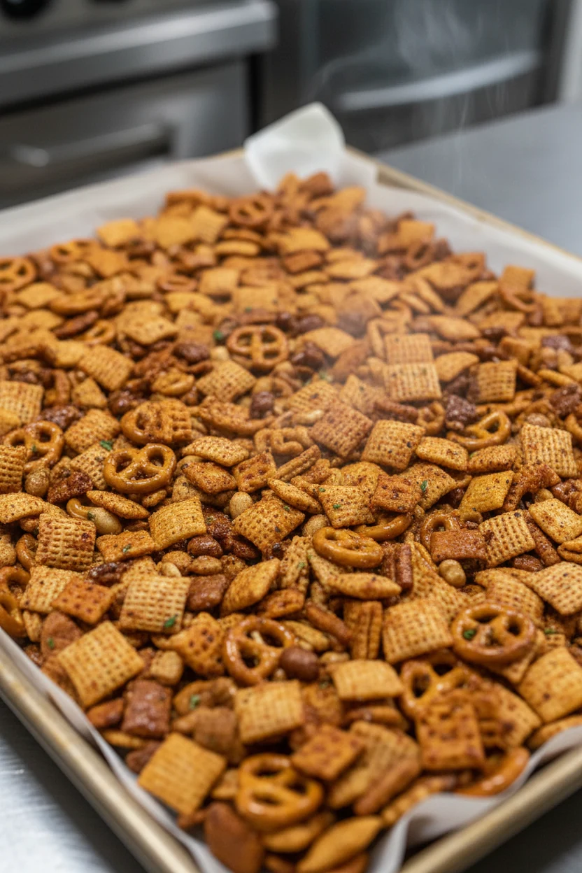 Process shot of seasoned Chex mix spread evenly across a parchment-lined baking tray halfway through baking, with visibl