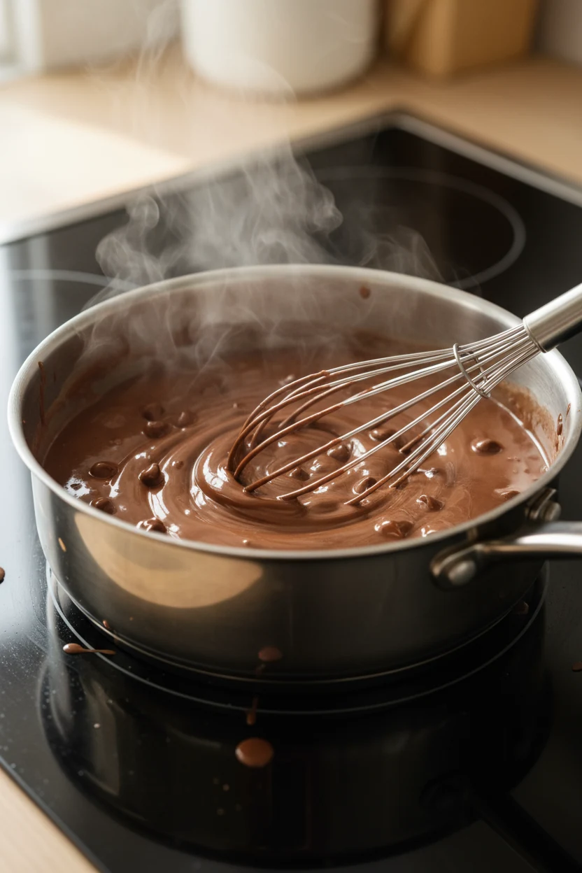Mid-process shot of hot chocolate being whisked in a saucepan, capturing velvety waves of molten chocolate as chips melt