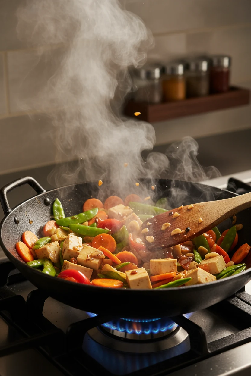 Action shot of vegetables and tofu sizzling in a well-seasoned wok over high heat, steam rising, vivid orange carrots an