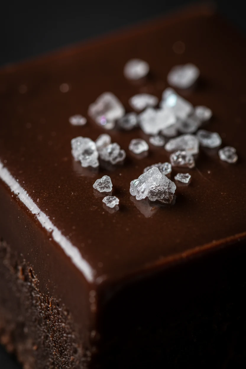 Macro shot of a fudge piece topped with flaky sea salt crystals, rich dark chocolate sheen glistening, salt granules sha
