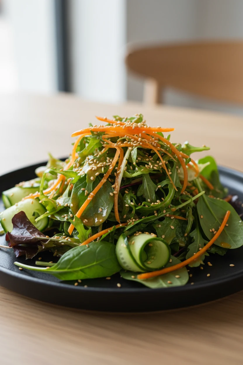 Beautifully plated Asian sesame dressing tossed over mixed greens with julienned carrots and cucumber ribbons, sprinkled