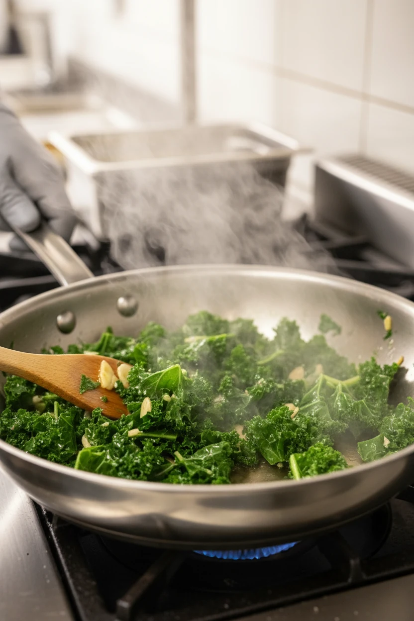 Cooking process image of kale being sautéed in a stainless steel skillet with glistening olive oil and tender garlic sli