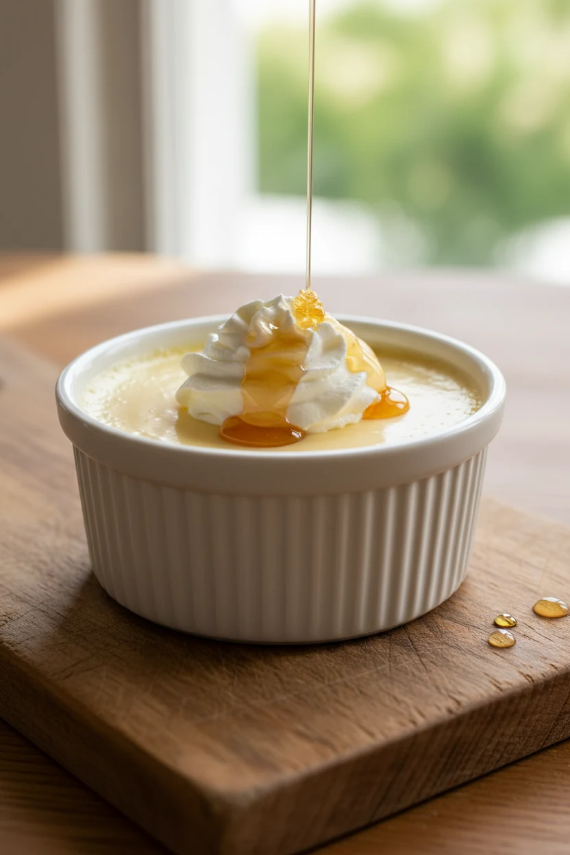 Beautifully plated individual vanilla custard in a white ramekin, silky texture topped with a swirl of whipped cream and