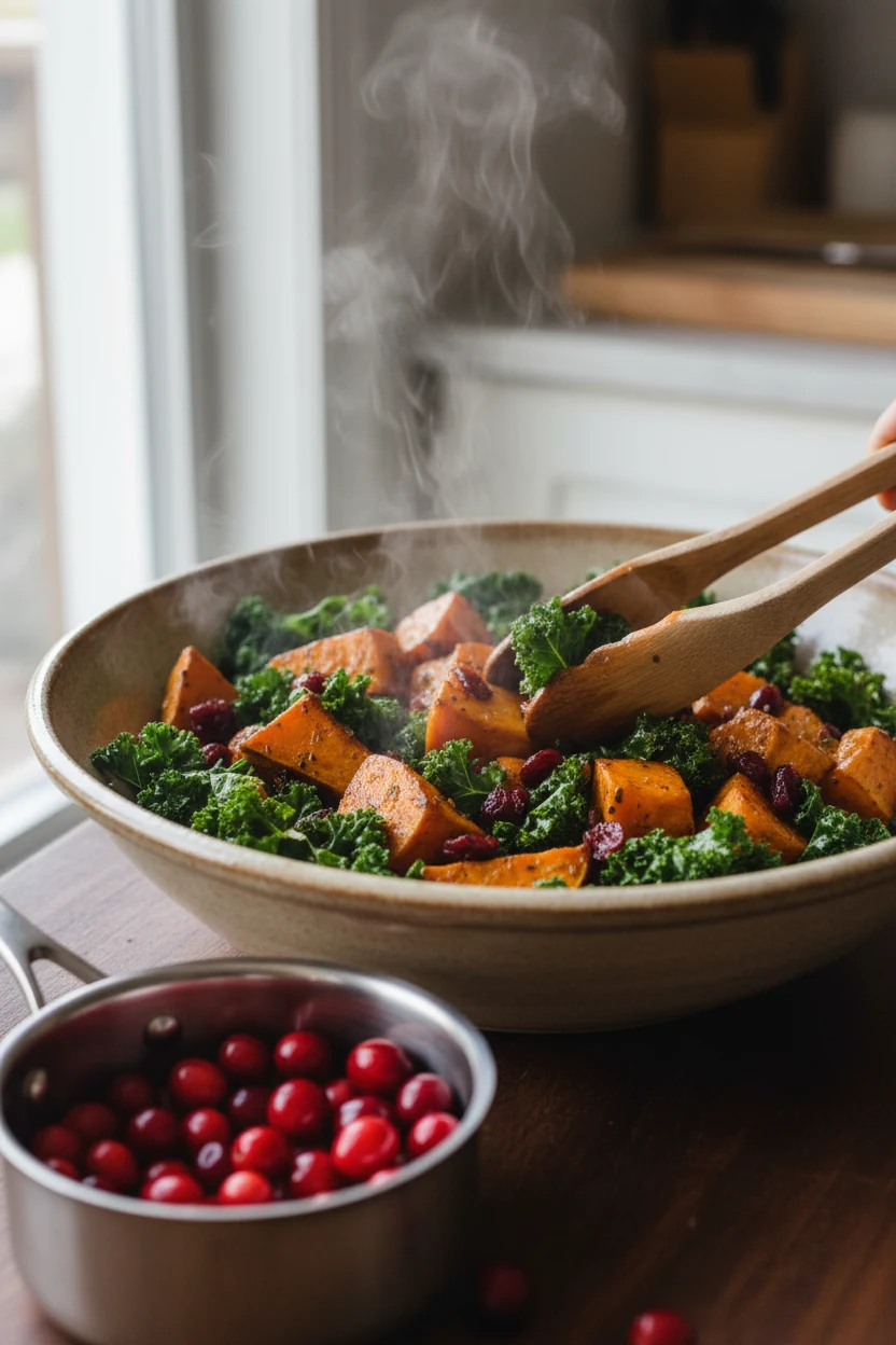 Mid-process shot showing freshly roasted sweet potatoes being gently tossed with kale in a wide serving bowl, steam risi
