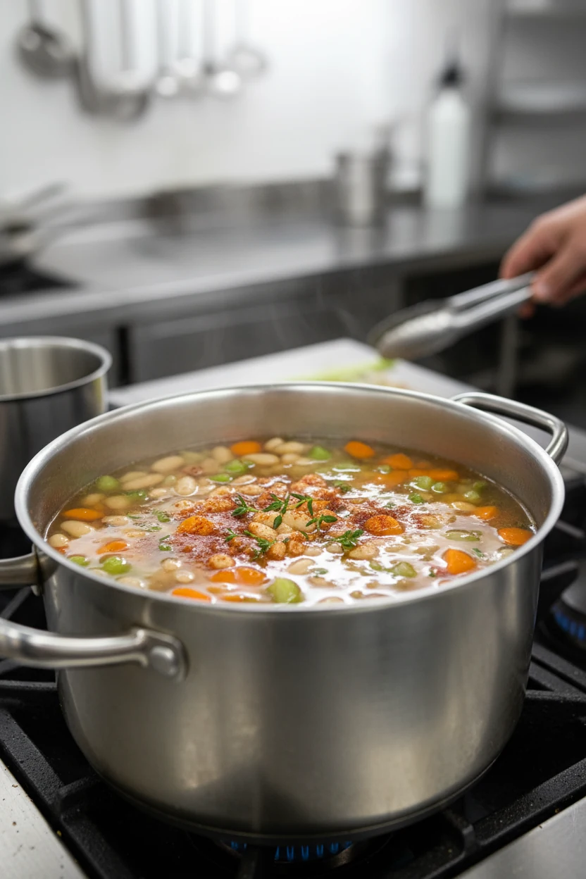 Cooked soup simmering in a large pot, carrots, celery, and beans visible beneath glossy surface, small bubbles breaking 