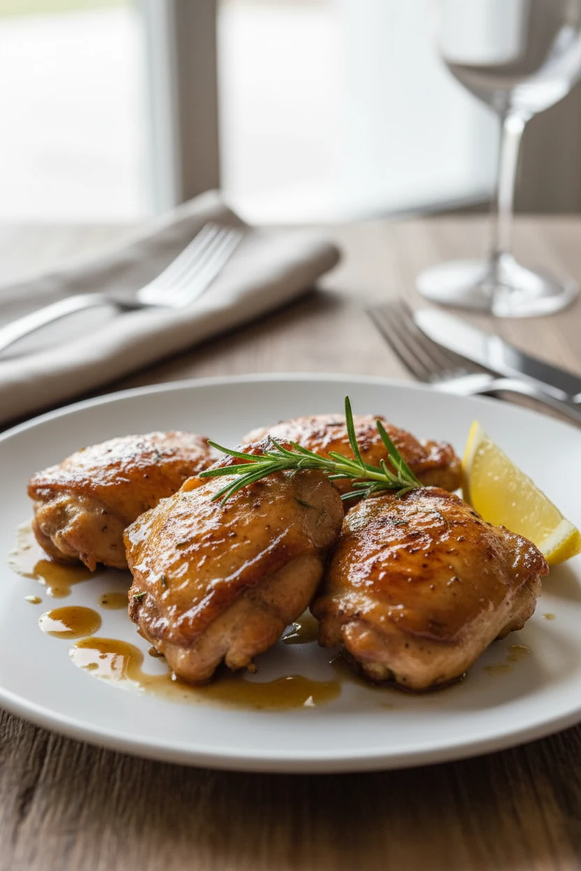 Beautifully plated chicken thighs on a matte white dinner plate, garnished with fresh rosemary and a lemon wedge, drizzl