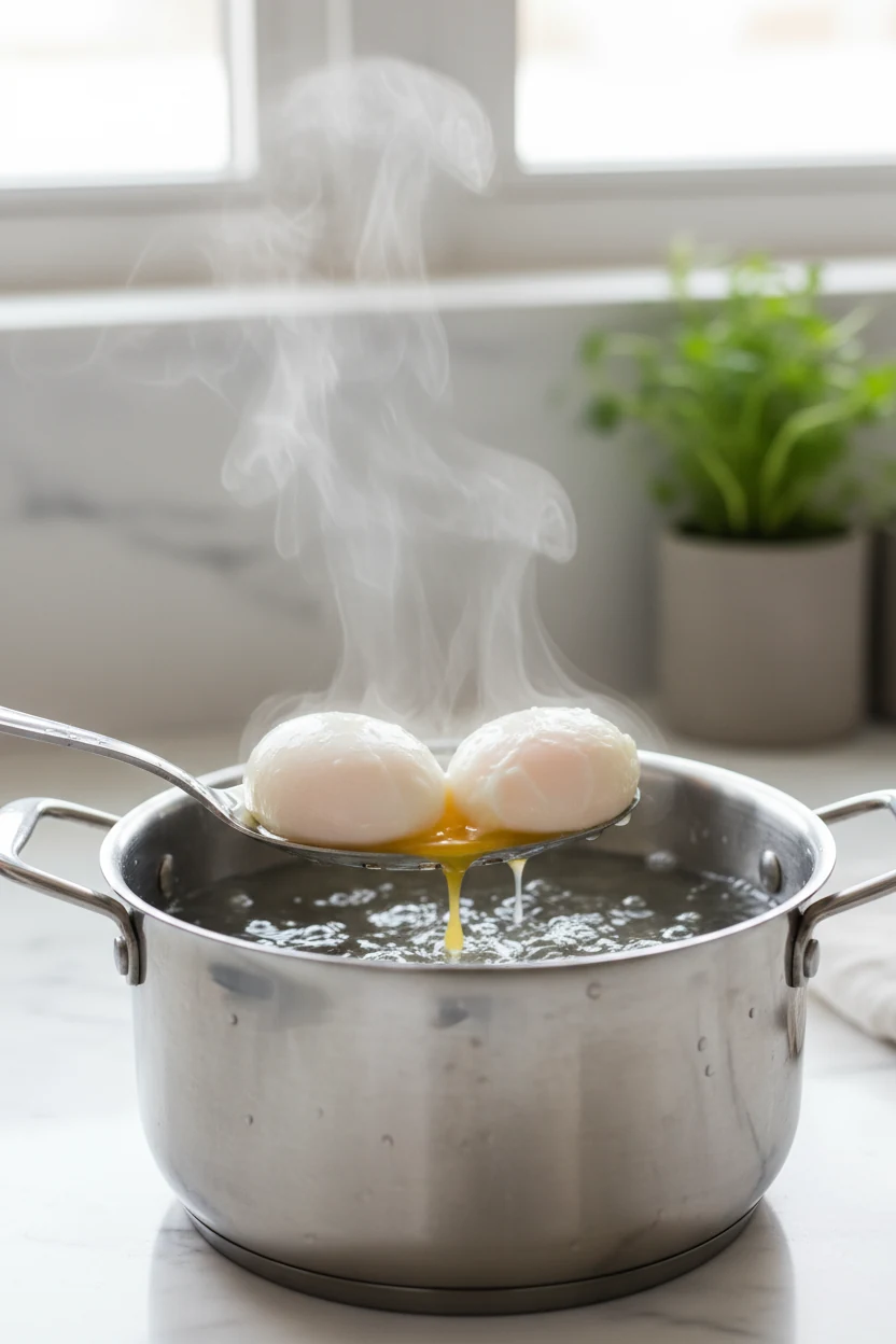 Mid-process shot of poached eggs being lifted from simmering water with a slotted spoon, whites perfectly set and yolks 