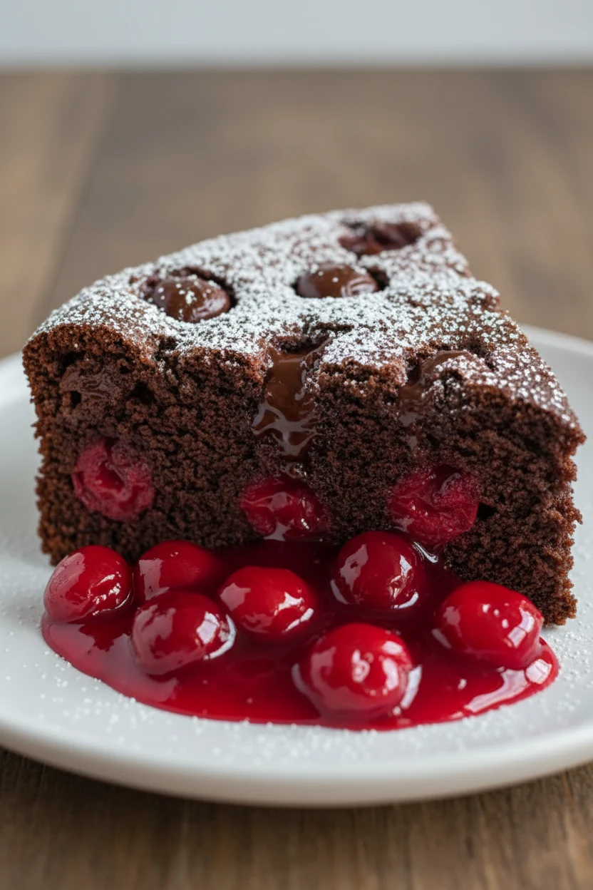 Final plated slice of chocolate cherry dump cake on a matte white dessert plate, dark chocolate chips melted into the ri