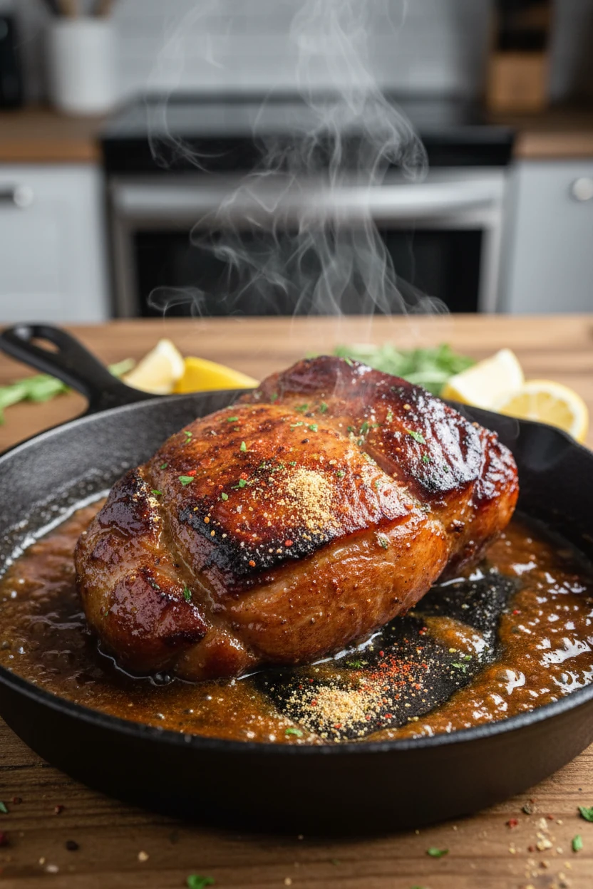 Mid-cooking process shot of tender pork shoulder in a skillet, bubbling in soy sauce and lemon juice glaze, steam rising