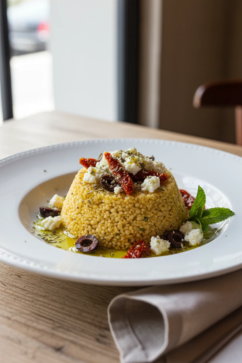 Beautifully plated Mediterranean-style couscous topped with crumbled feta, sliced olives, and sun-dried tomatoes, drizzl