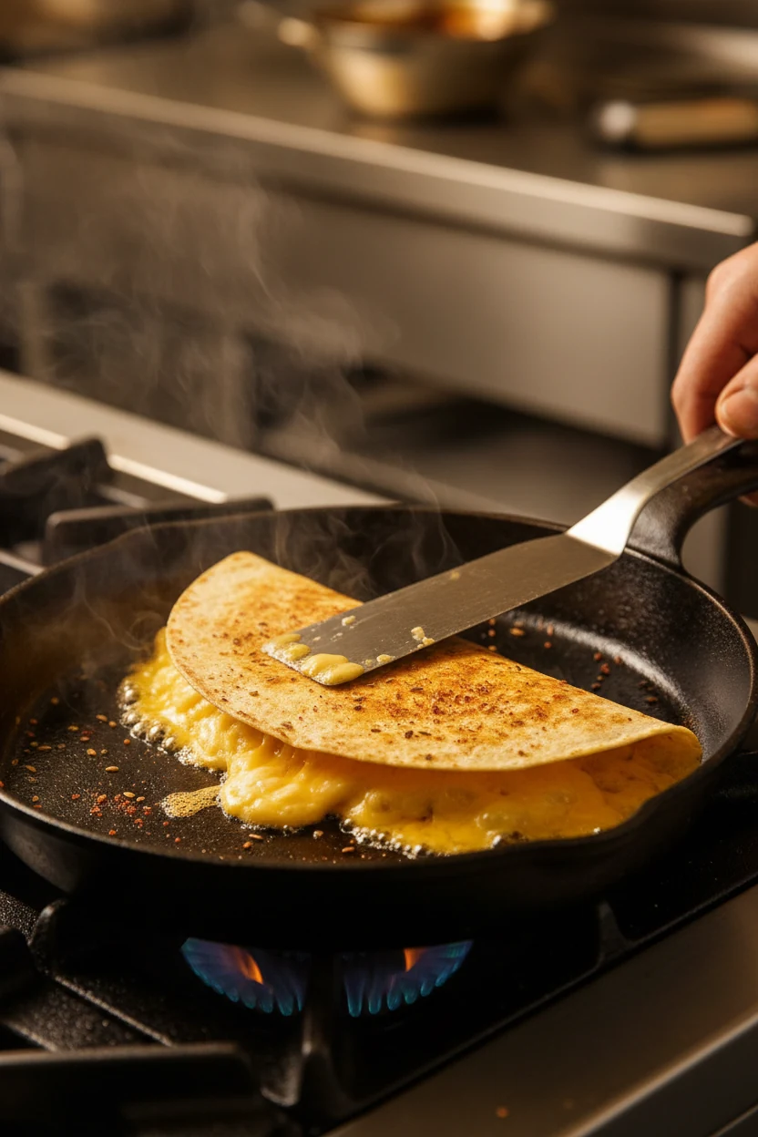 Cooking process shot of a folded tortilla in the skillet mid-browning, lightly pressed with a spatula, cheese melting at