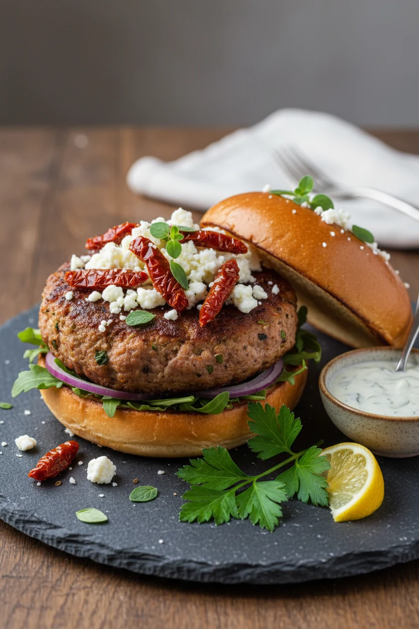 Beautifully plated Mediterranean-style turkey burger featuring crumbled feta, sun-dried tomatoes, and fresh oregano, ser
