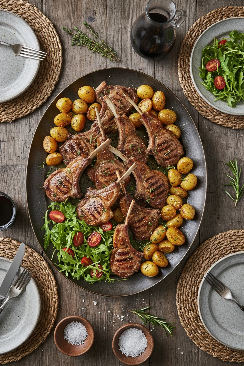 Overhead shot of a rustic wooden table setting featuring a serving platter of lamb chops with glistening seared edges, a