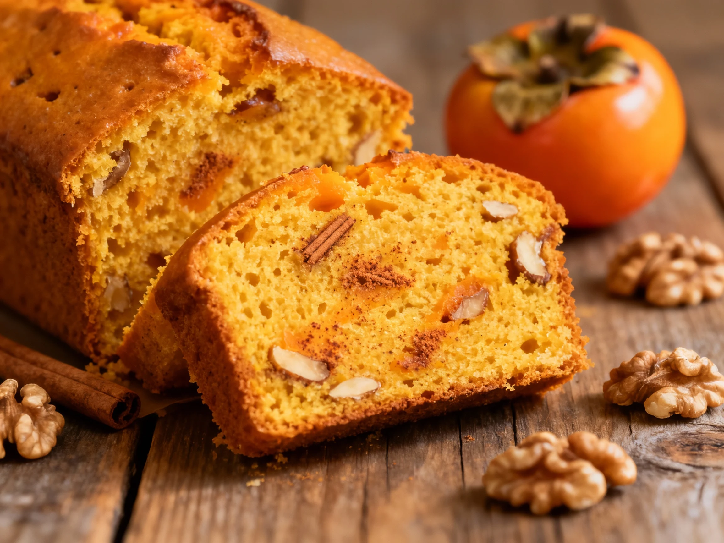 Food photography, Close-up of a freshly baked persimmon loaf sliced open, showing moist golden-orange crumb with specks 
