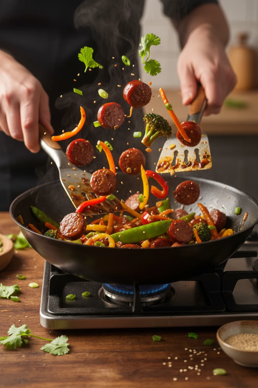 3. Mid-action shot of smoked sausage stir-fry, showing bright vegetables being tossed in a wok with glossy soy sauce gla