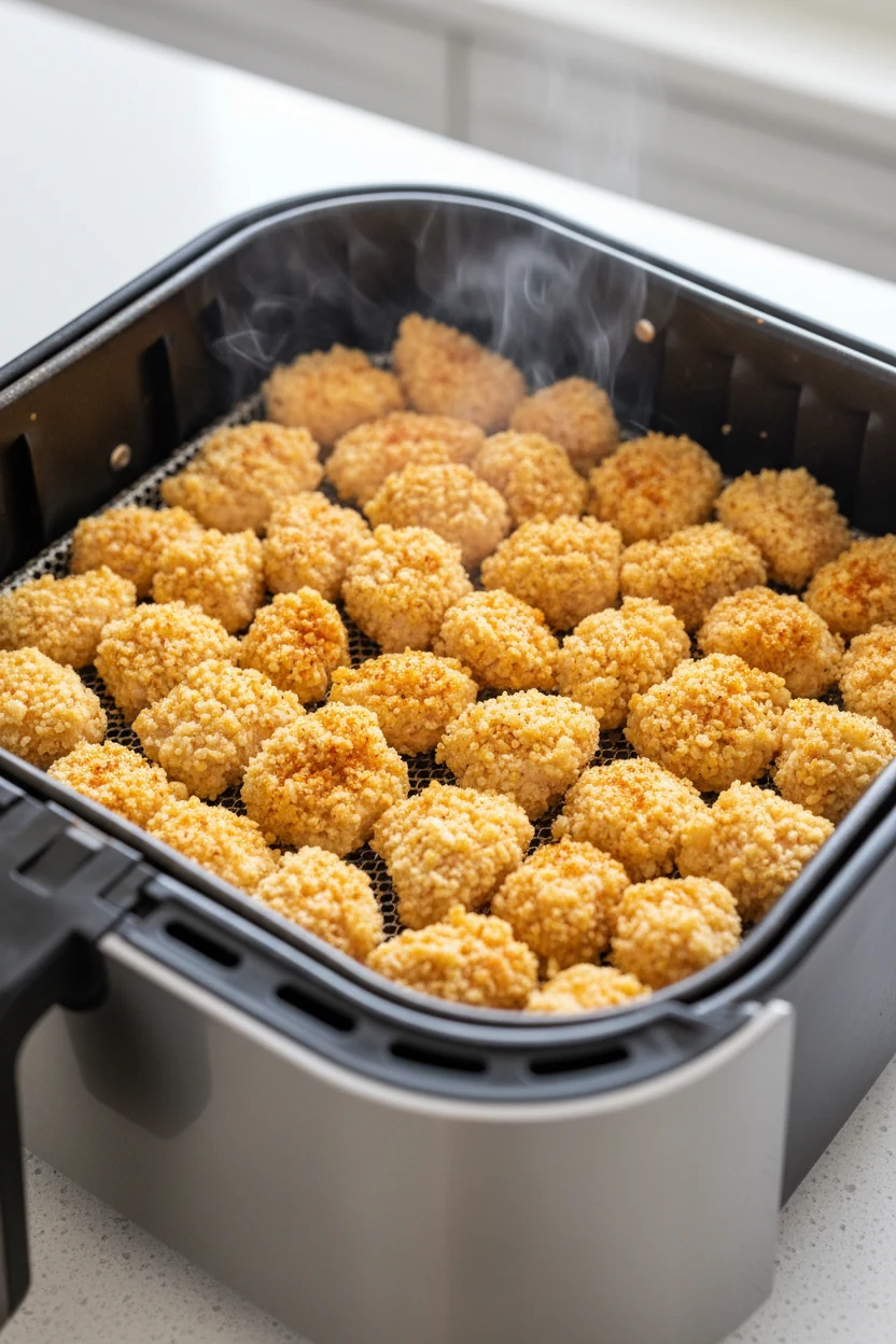 3. Mid-process shot of breaded chicken bites evenly layered inside the preheated airfryer basket, paprika seasoning visi