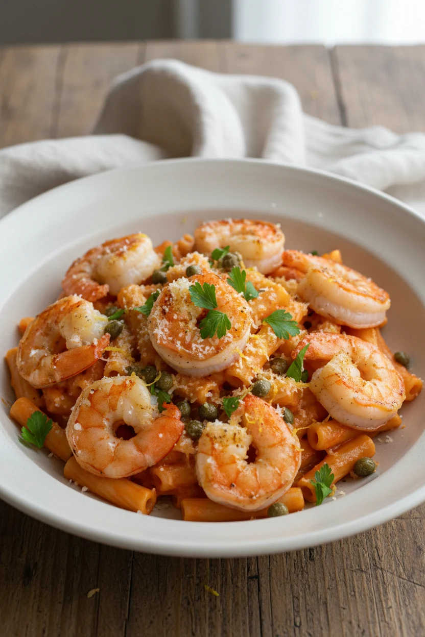 Beautifully plated lemon-garlic shrimp creamy tomato pasta in a shallow off-white bowl, seared shrimp with light char, c