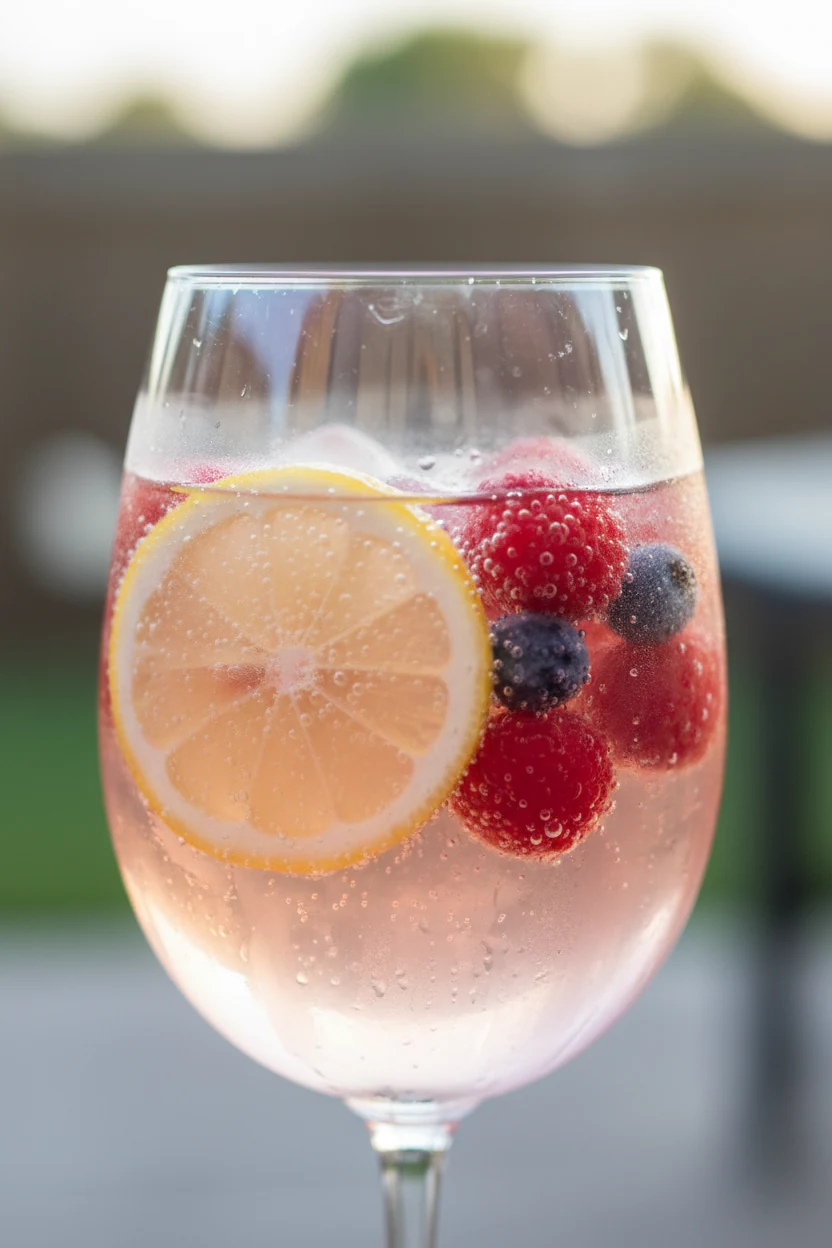 Close-up detail: Stemless glass of Rosé Berry Lemonade sangria—blush pink with a thin lemon slice, strawberries, raspber