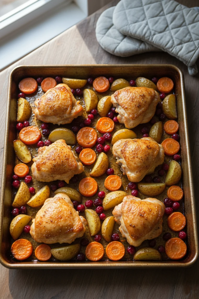 3. Overhead shot of the rimmed sheet pan out of the oven: golden chicken thighs, caramelized potatoes, burst cranberries