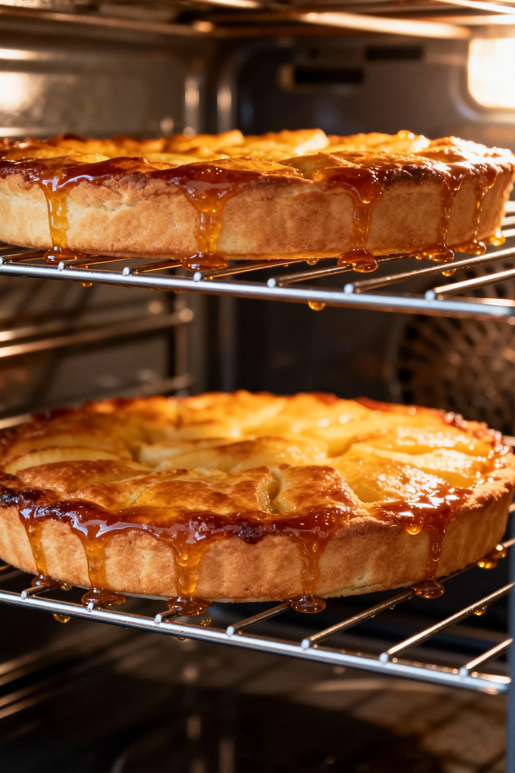 Cooking process: three-quarter angle of the crisp baking on the middle oven rack, topping deep golden and edges actively