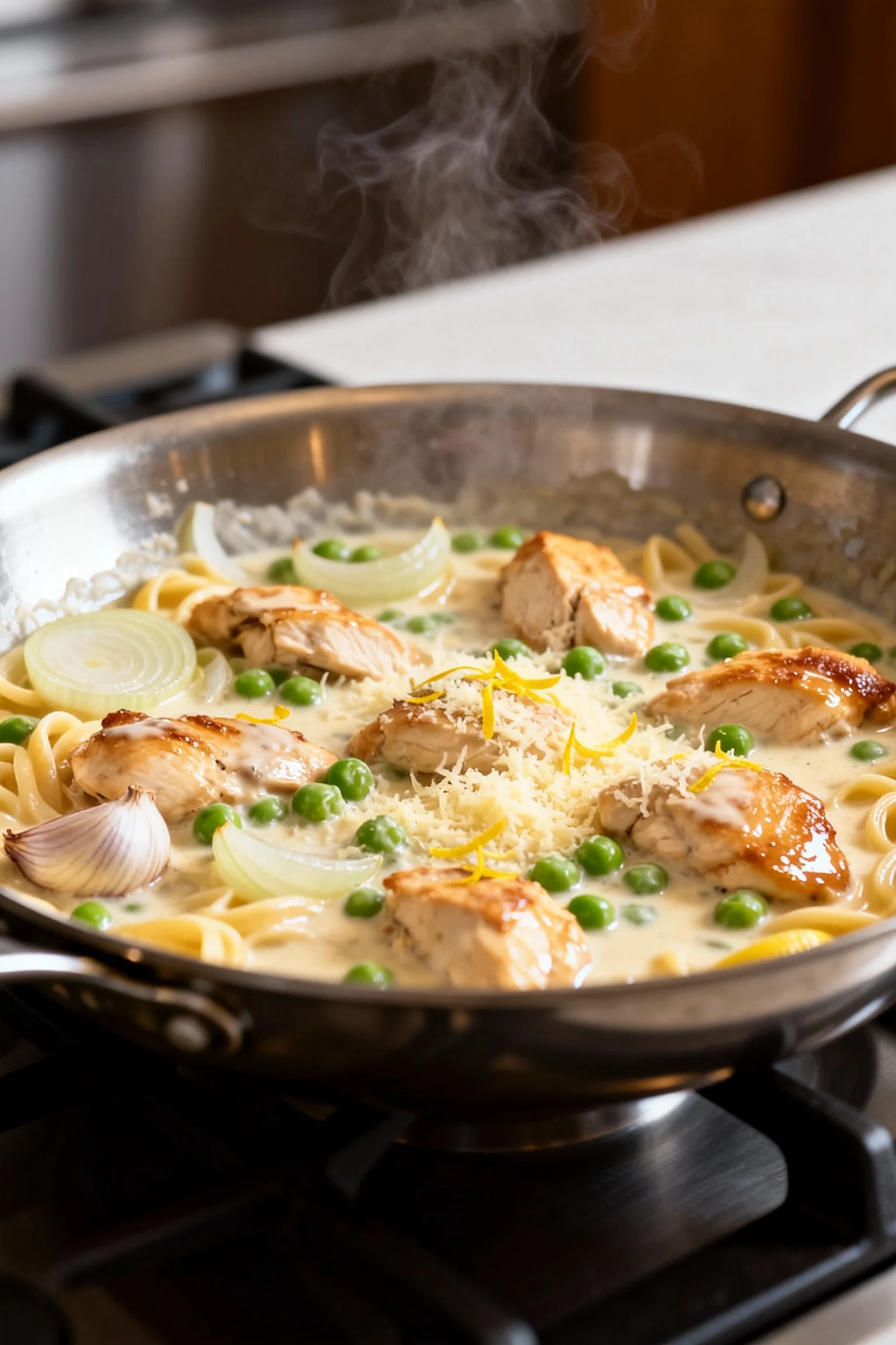 Cooking process—creamy chicken pasta sauce in a stainless skillet: onions and garlic softened, revived chicken and peas