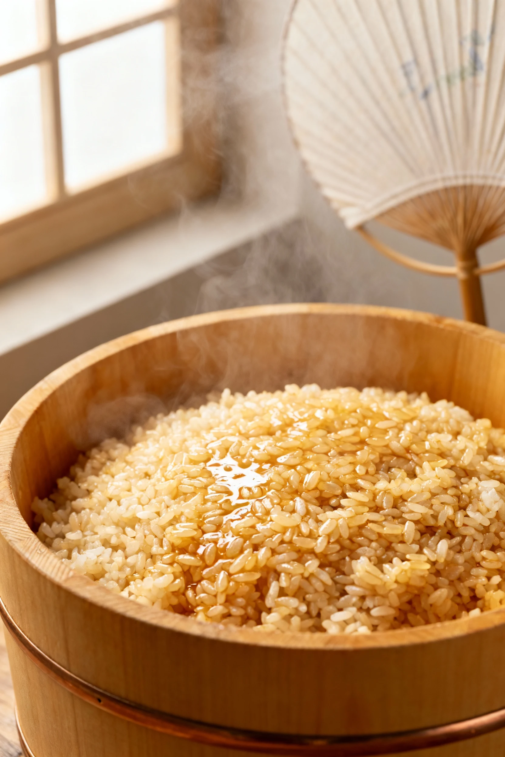 Process shot of seasoned sushi rice being gently folded in a wooden hangiri: pearly grains glistening with vinegar sheen