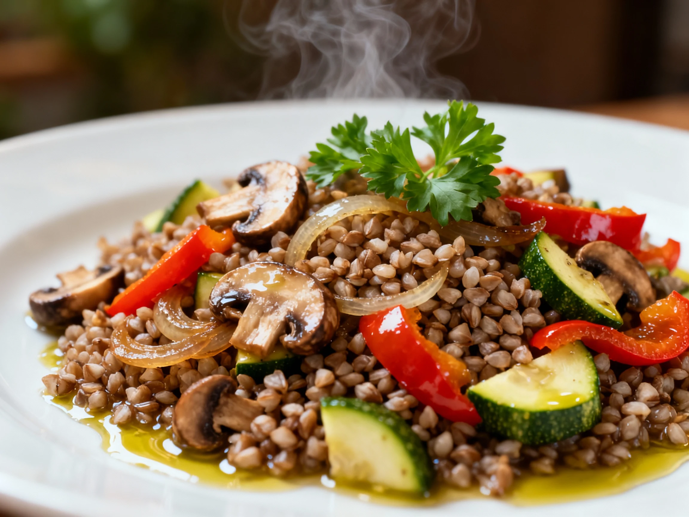 Food photography, Close-up of tender, steaming buckwheat groats tossed with caramelized onions and sautéed bell peppers,