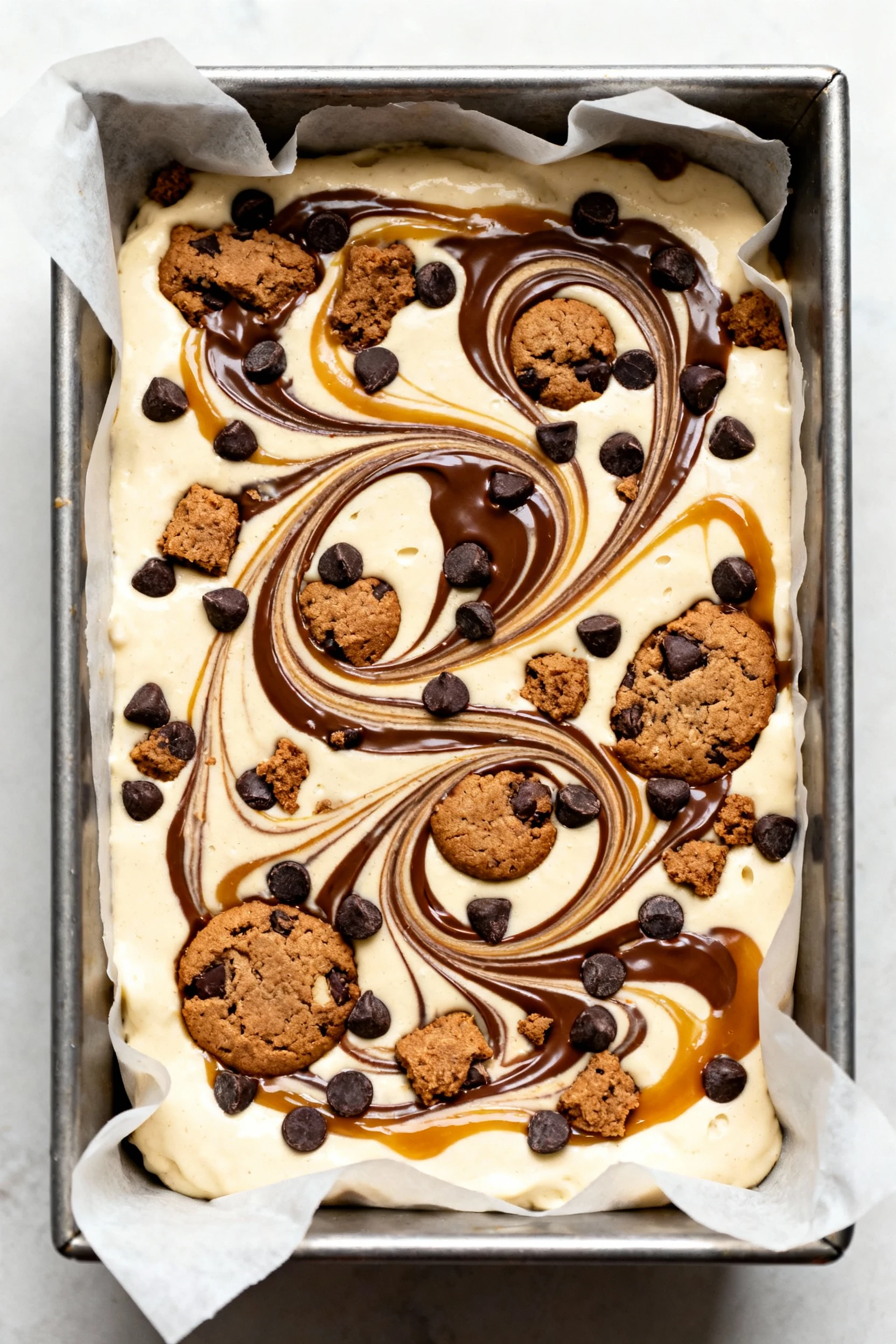 Top-down view of a parchment-lined metal loaf pan filled with vanilla base layered with chocolate cookie chunks and dark