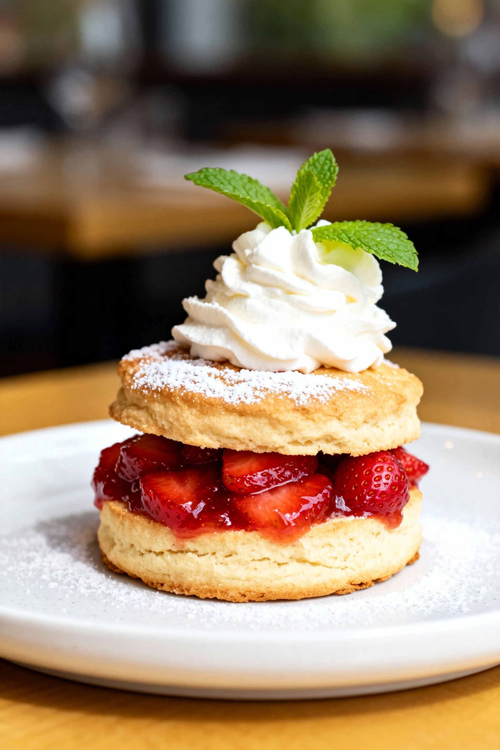 Beautifully plated strawberry shortcake: split biscuit stacked with warm roasted strawberry compote, lightly sweetened w