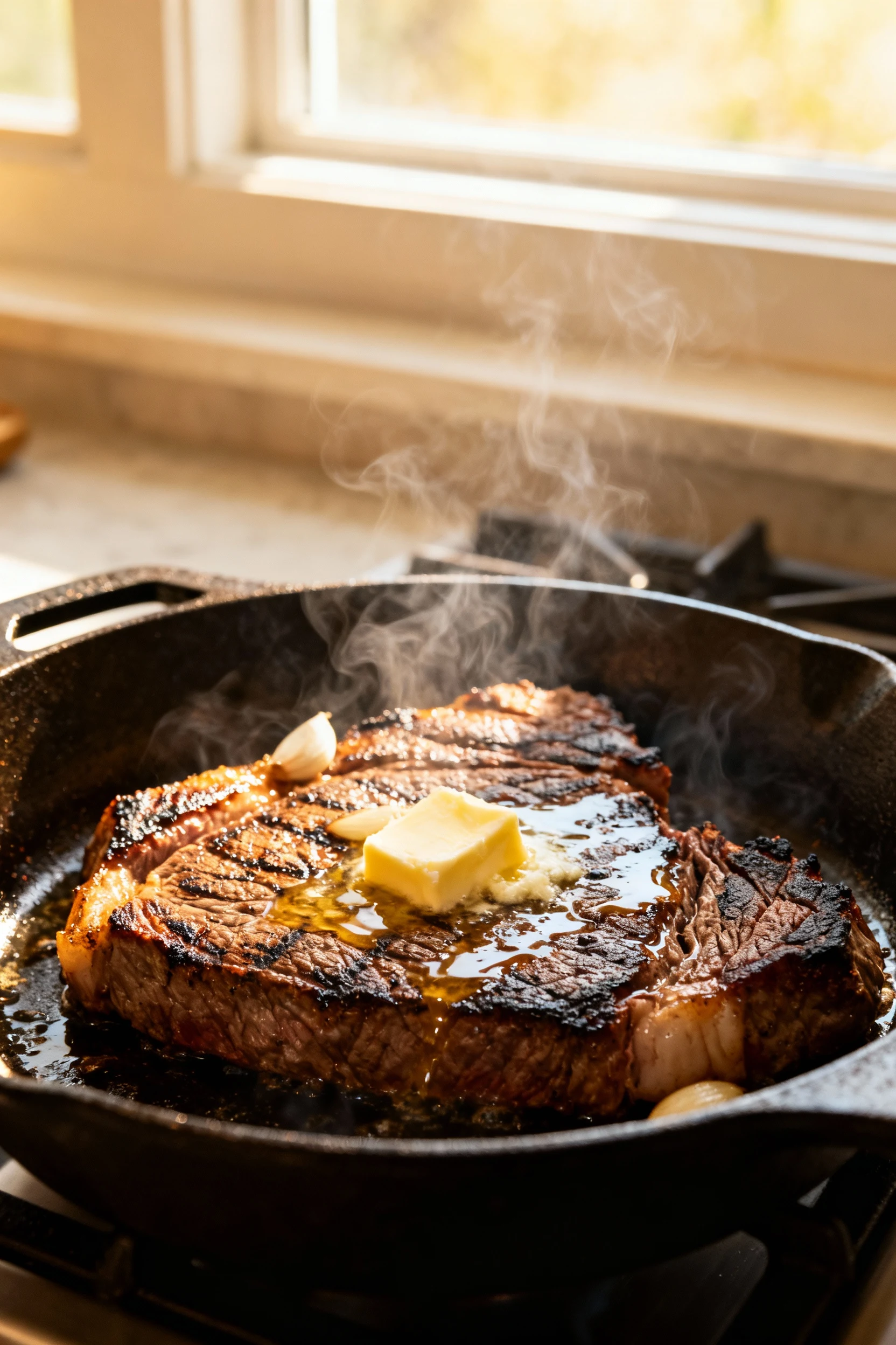 Cooking process: flank steak sizzling in a smoking-hot cast-iron skillet, rich char forming, butter and garlic basting i