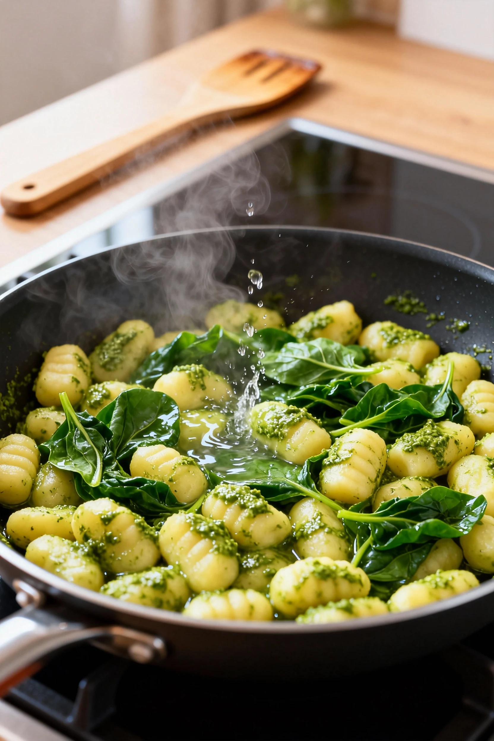 Saucing stage, three-quarter angle: bright pesto loosened with a splash of water coats gnocchi and just-wilted baby spin
