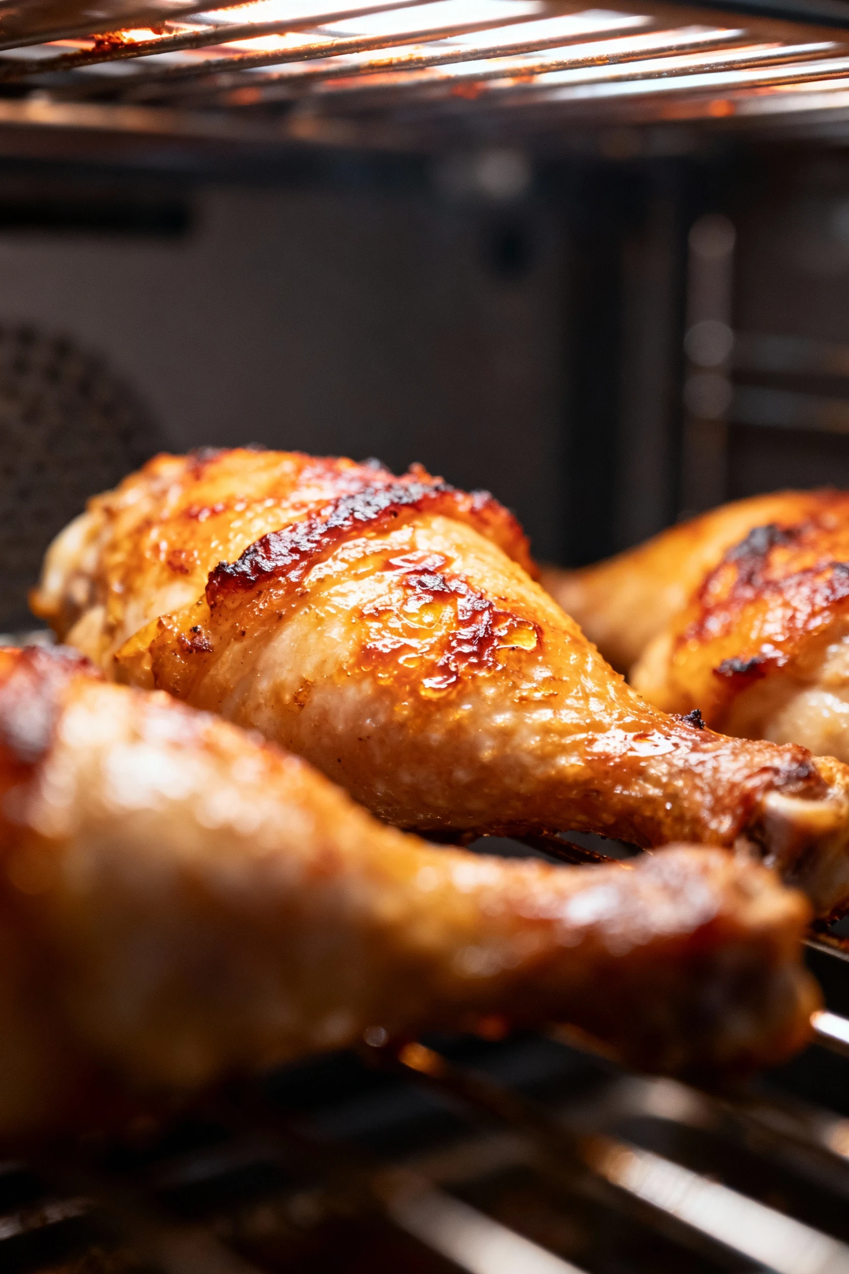 Cooking process: legs finishing under a hot broiler for 2–3 minutes, skin visibly blistering and crackling for extra cru