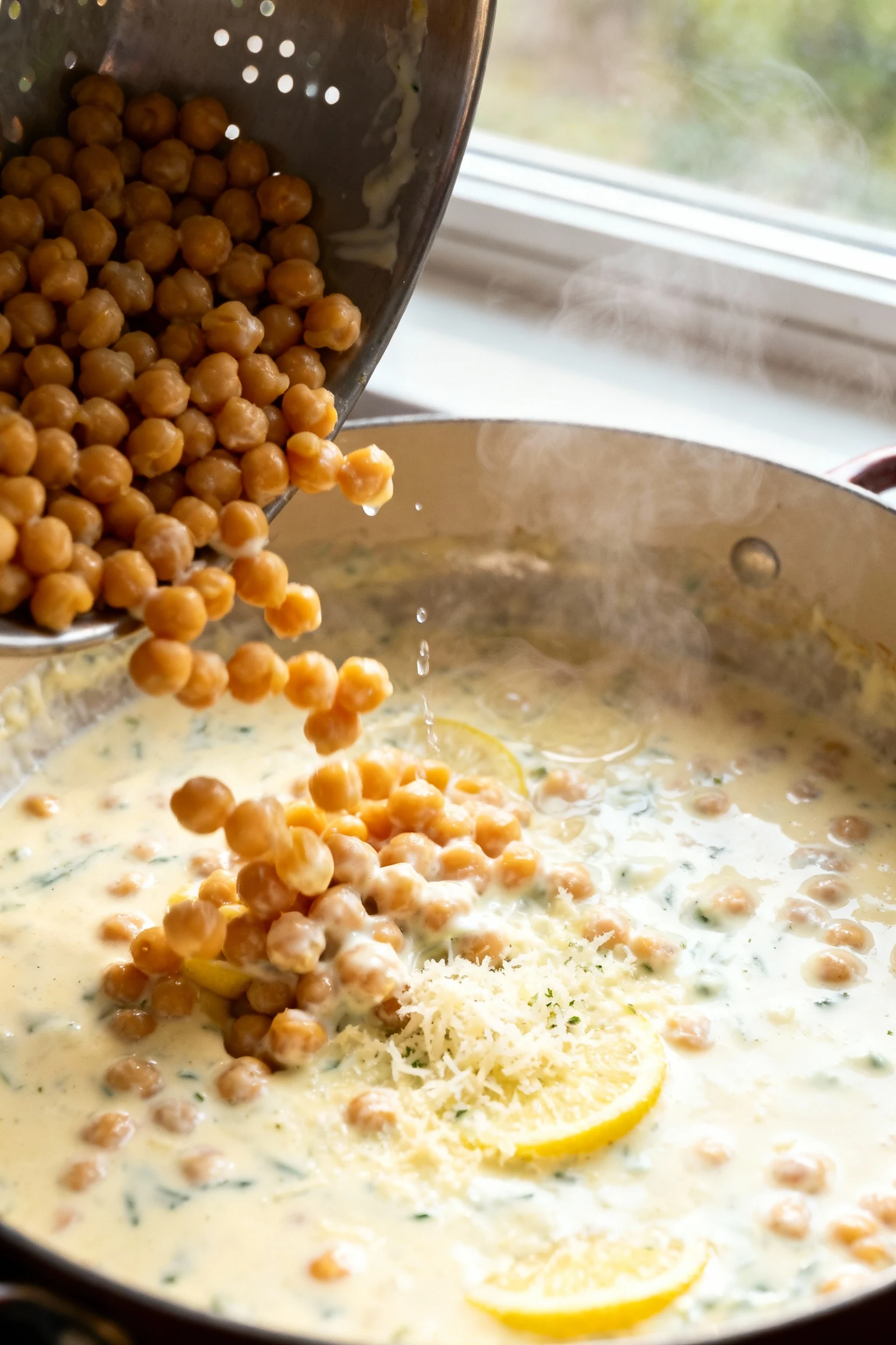 In-pot action shot: drained chickpea pasta being tossed back into the creamy tempered yogurt–parmesan lemon sauce, a spl