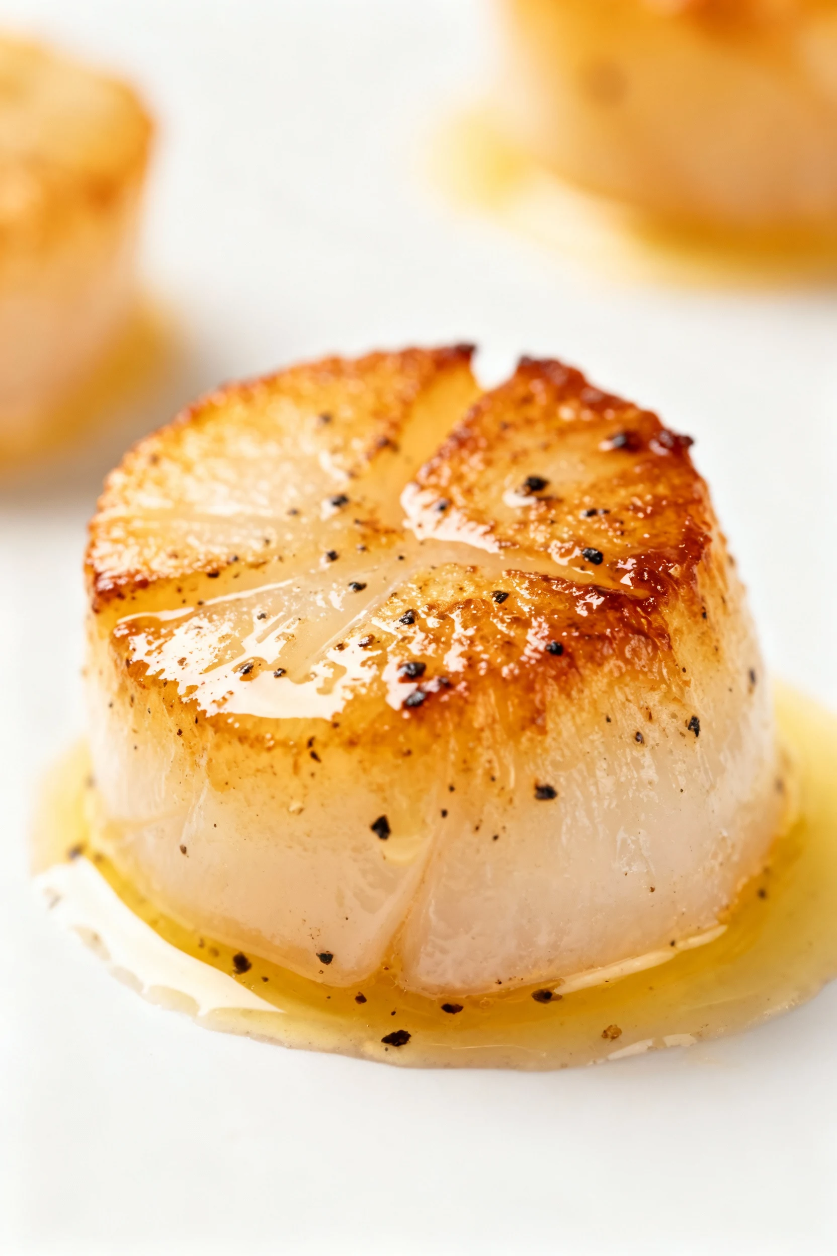 Macro close-up of a single seared scallop showing caramelized crust and tender center, butter sheen and flecks of cracke