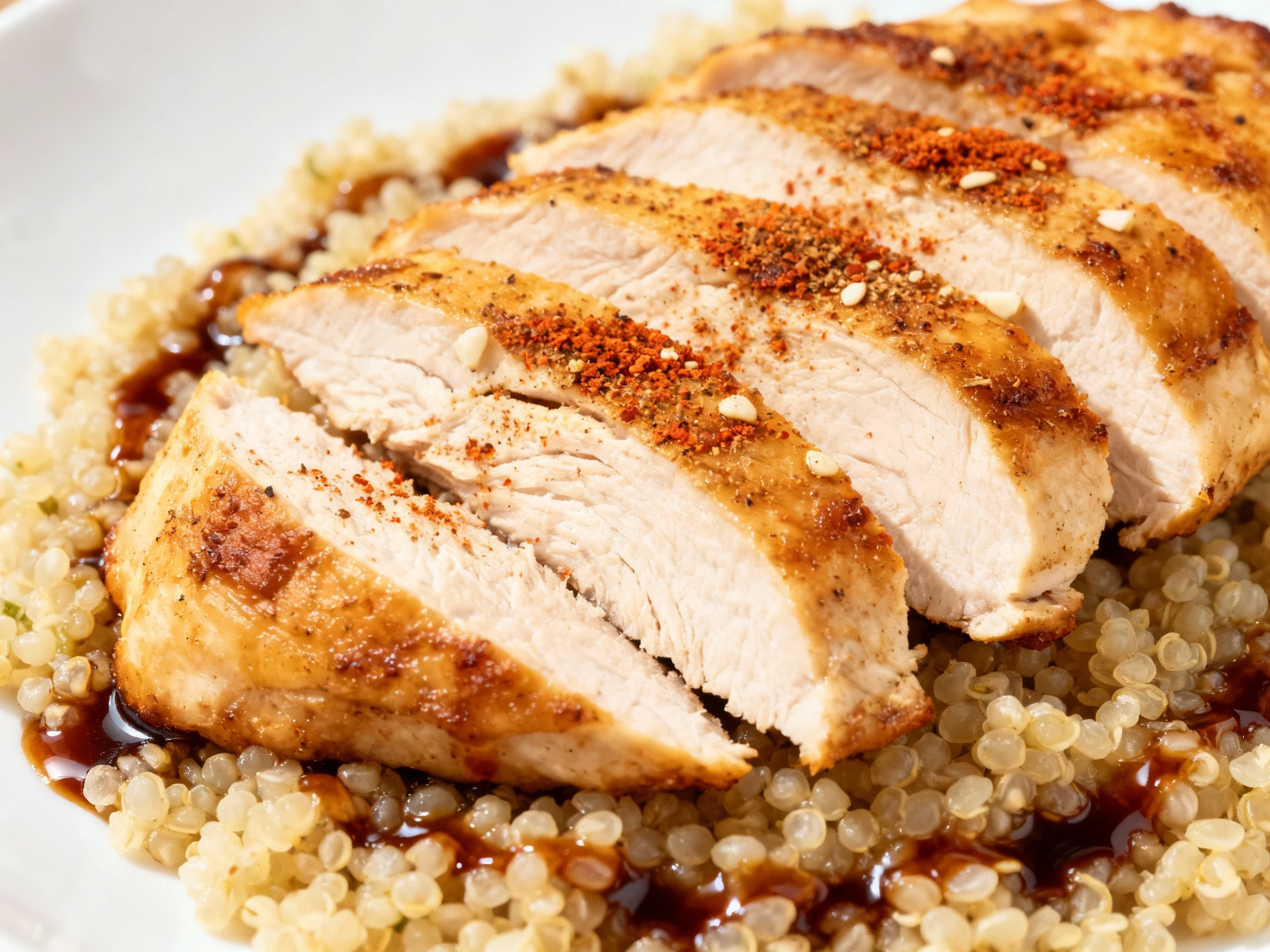 Food photography, Close-up of golden-seared chicken breast slices revealing juicy interior, lightly dusted with smoked p