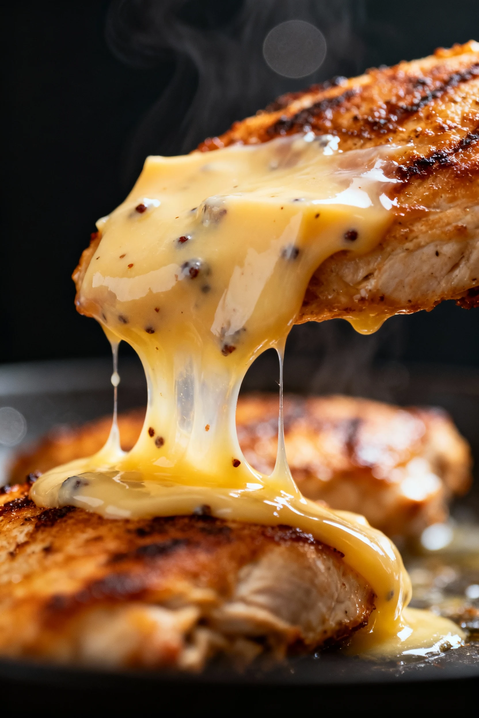 Close-up of pepper jack melting onto hot seared chicken just before plating, cheese clinging and glossy over a golden cr