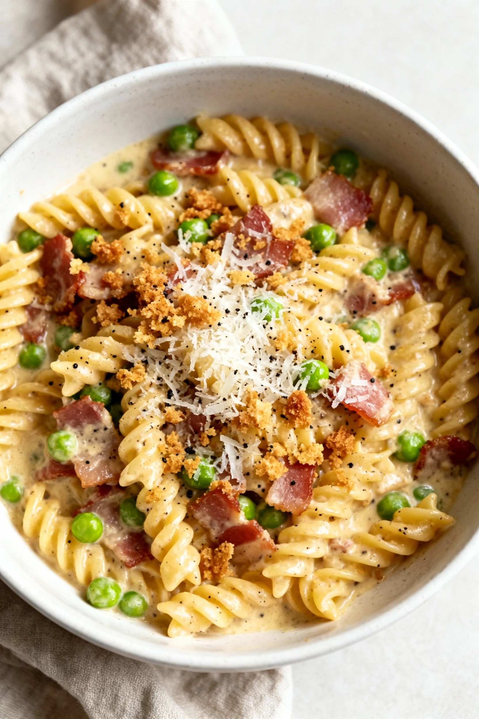 3. Overhead shot of Bacon and Sweet Pea Fusilli—creamy sauce clinging to ridges, crisp pancetta pieces and bright peas t